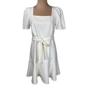 NWT Jade Flounce Hem White Mini Dress Square Neck Puff Sleeve Tie Waist Sorority